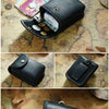 A black leather multi-functional waist bag is shown in various angles against a map background.