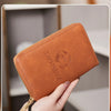 A brown leather passport holder with a gold zipper is shown being held, featuring the text Passport.