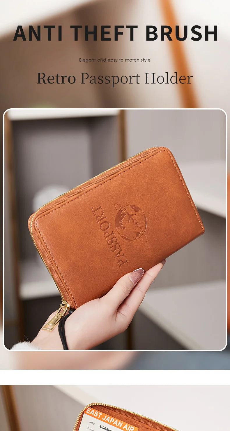 A brown leather passport holder with a gold zipper is shown being held, featuring the text Passport.