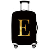 Black rolling suitcase with a gold letter E printed on the side.