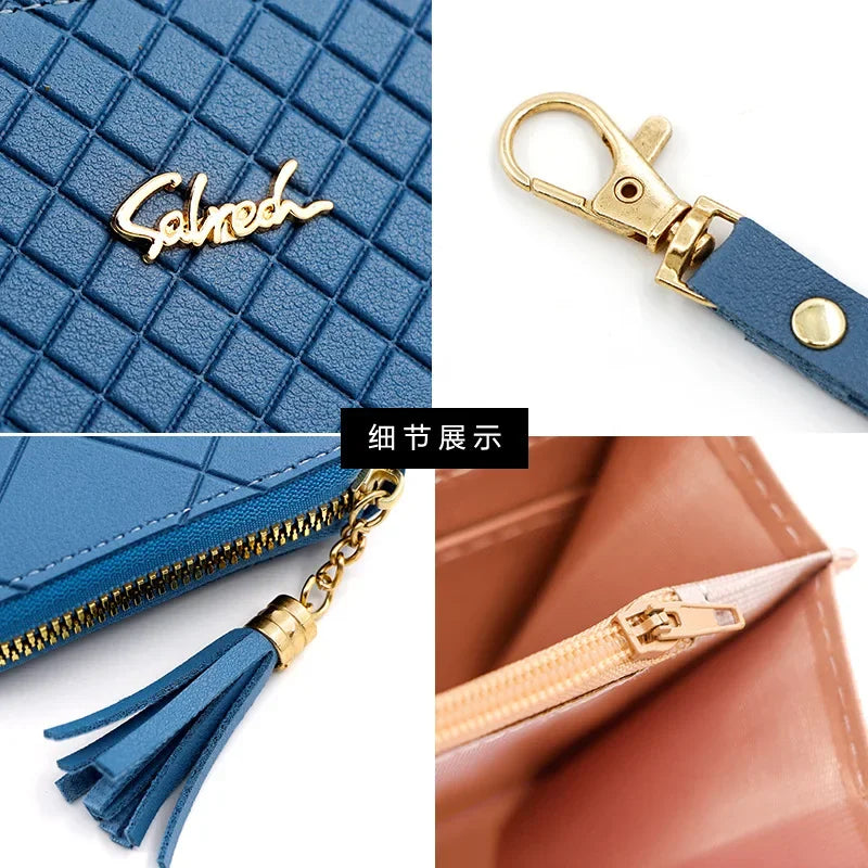 A blue quilted clutch wallet with a gold clasp and tassel detail shown in various angles.