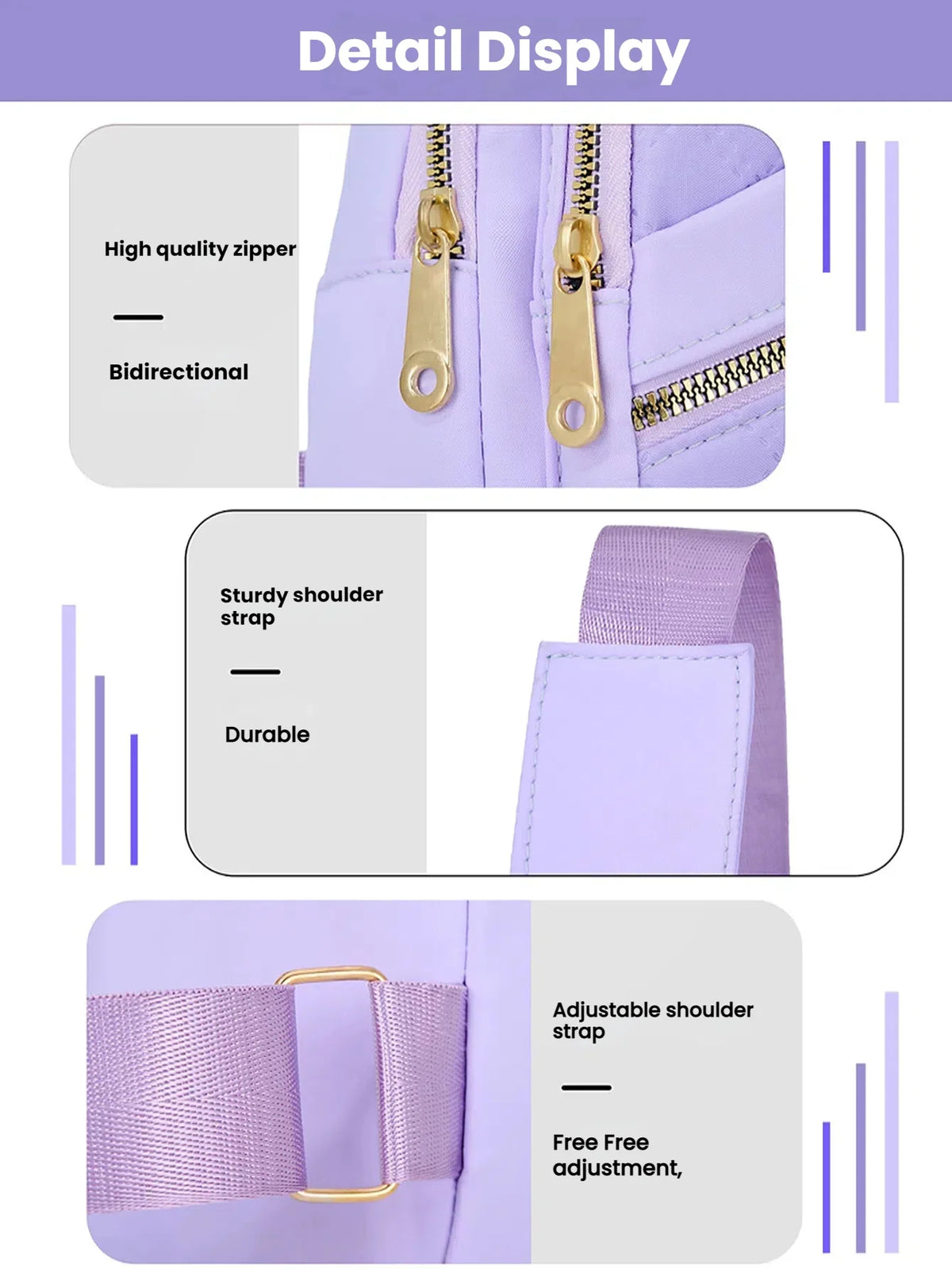 Détail d'un sac bandoulière à motif matelassé violet, montrant la fermeture éclair, la sangle et les ajustements.