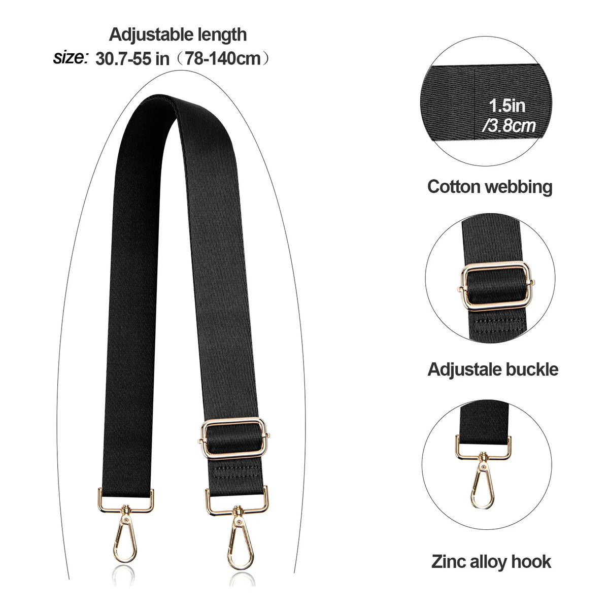 Black cotton webbing strap with an adjustable buckle and zinc alloy hook for a crossbody bag.
