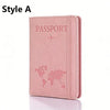 A pink passport holder with a leather texture and embossed world map design.