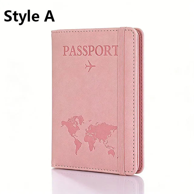 A pink passport holder with a leather texture and embossed world map design.