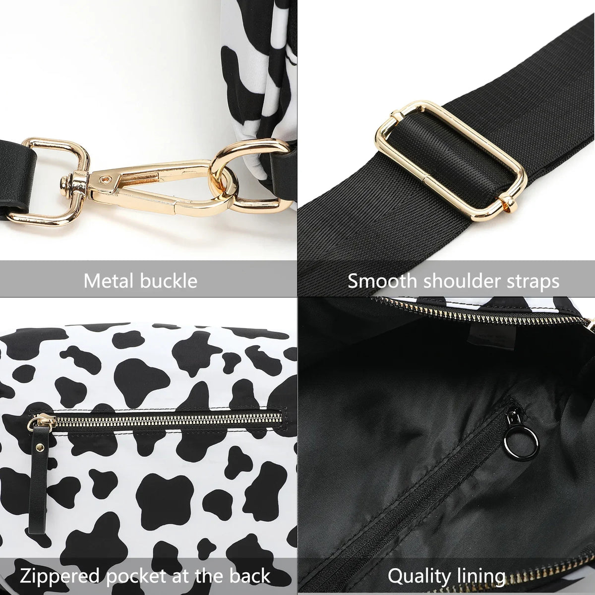 Nahaufnahme einer schwarzen karierten Crossbody-Tasche mit Metallverschluss, glatten Trageriemen und hochwertiger Futter.