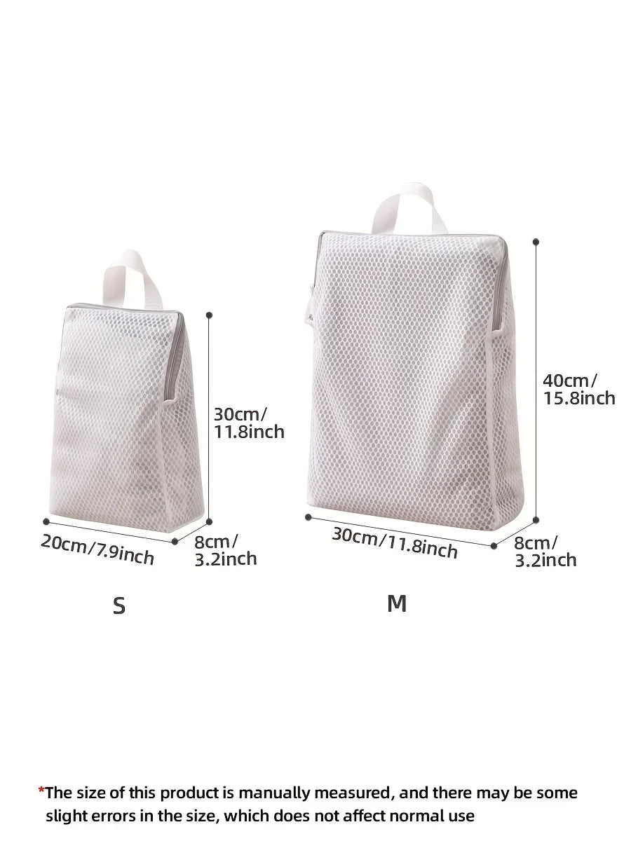 White honeycomb mesh laundry bag shown with size measurements for small and medium sizes.