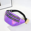 A purple holographic sequin waist bag with black adjustable strap resting on a white surface.