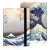 A light pink universal e-book cover featuring a blue and white Japanese wave design with a black protective strap.