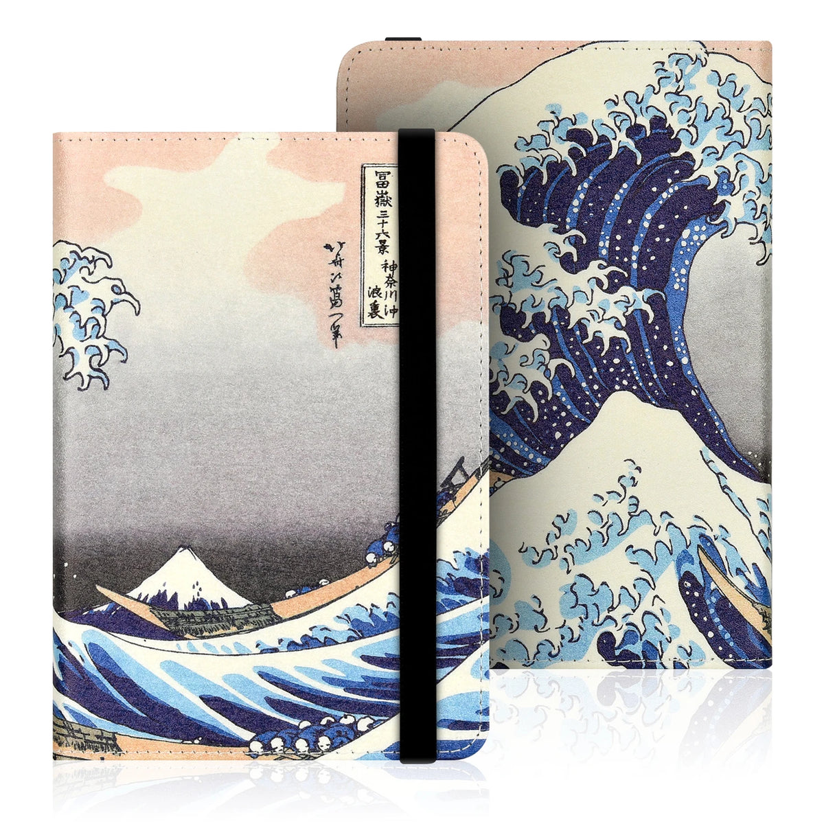 A light pink universal e-book cover featuring a blue and white Japanese wave design with a black protective strap.
