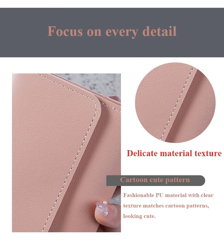 Close-up of a pink PU material card wallet showing a delicate texture and cartoon pattern detail.