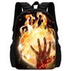 A black cartoon sports backpack featuring a fiery hand design on the front.
