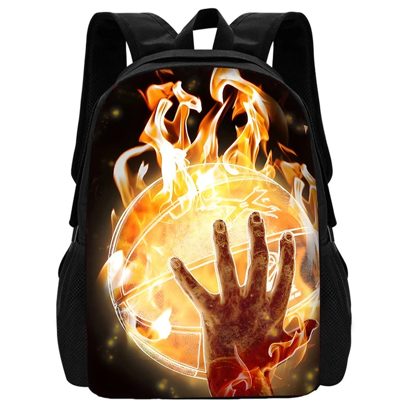 A black cartoon sports backpack featuring a fiery hand design on the front.