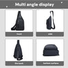 Various angles of a black men's adjustable crossbody sling bag for commuting, showing the front, side, back, and bottom surfa