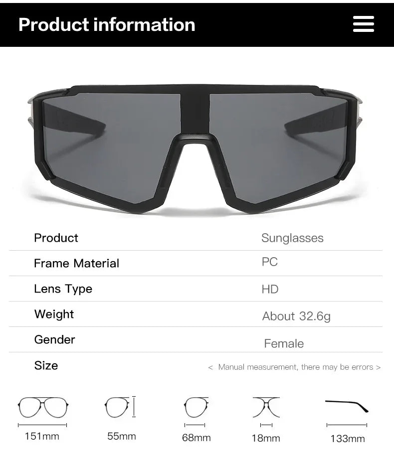 A pair of black, oversized sunglasses with a thick frame and dark lenses displayed on a white background.