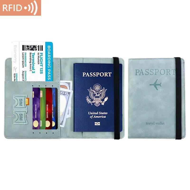 A set of passport holders and boarding passes made of PU leather with RFID blocking features.