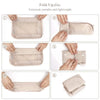 A set of seven folding travel organizer bags in a beige color shown in various folded and open configurations.