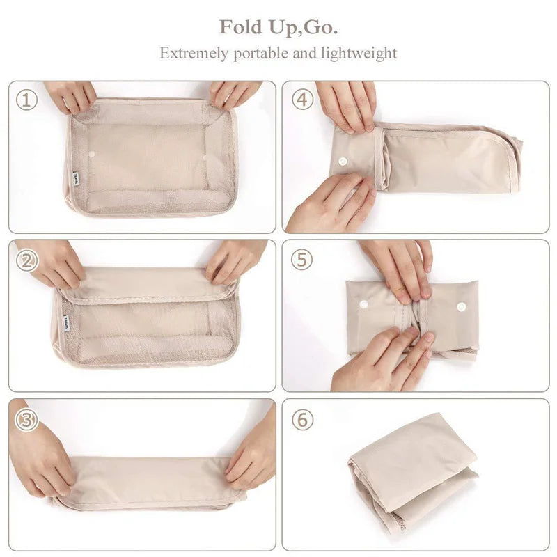 A set of seven folding travel organizer bags in a beige color shown in various folded and open configurations.