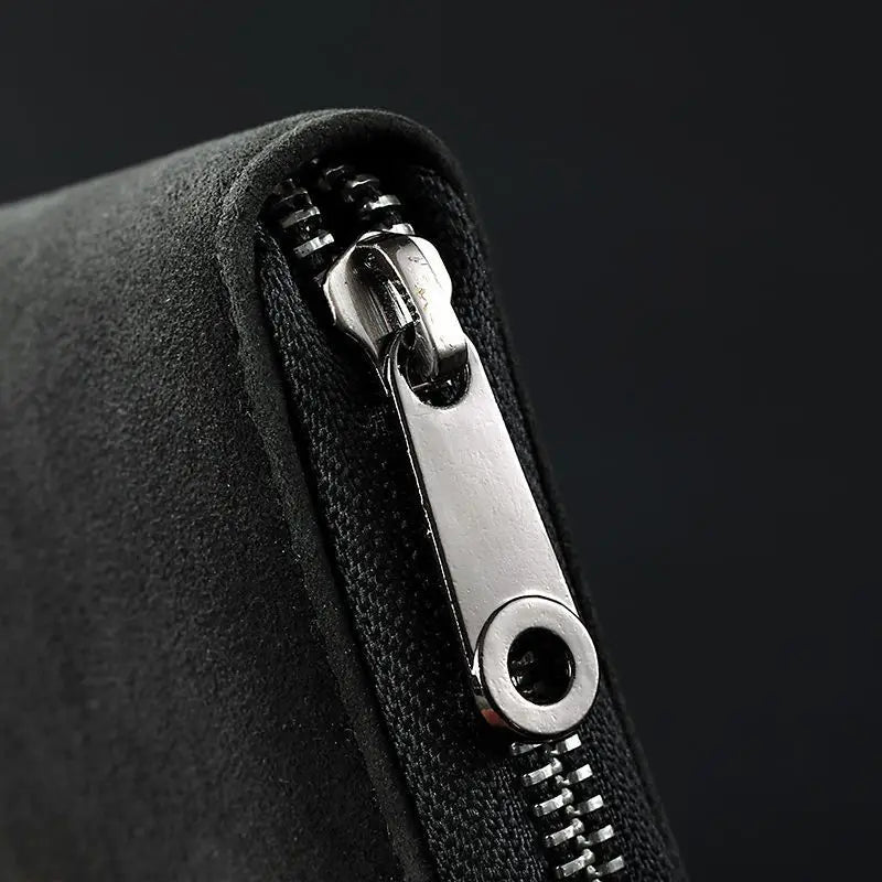 Close-up of a black card wallet showing a silver zipper and an RFID blocking card slot.