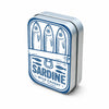 A silver metal box with a blue label featuring illustrations of sardines and the word Sardine Wild Caught.