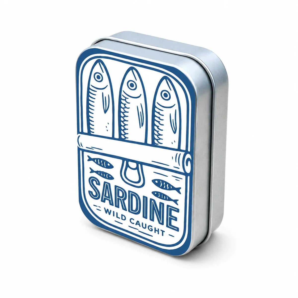 A silver metal box with a blue label featuring illustrations of sardines and the word Sardine Wild Caught.