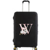 Black luggage with a pink floral monogram design on the side.