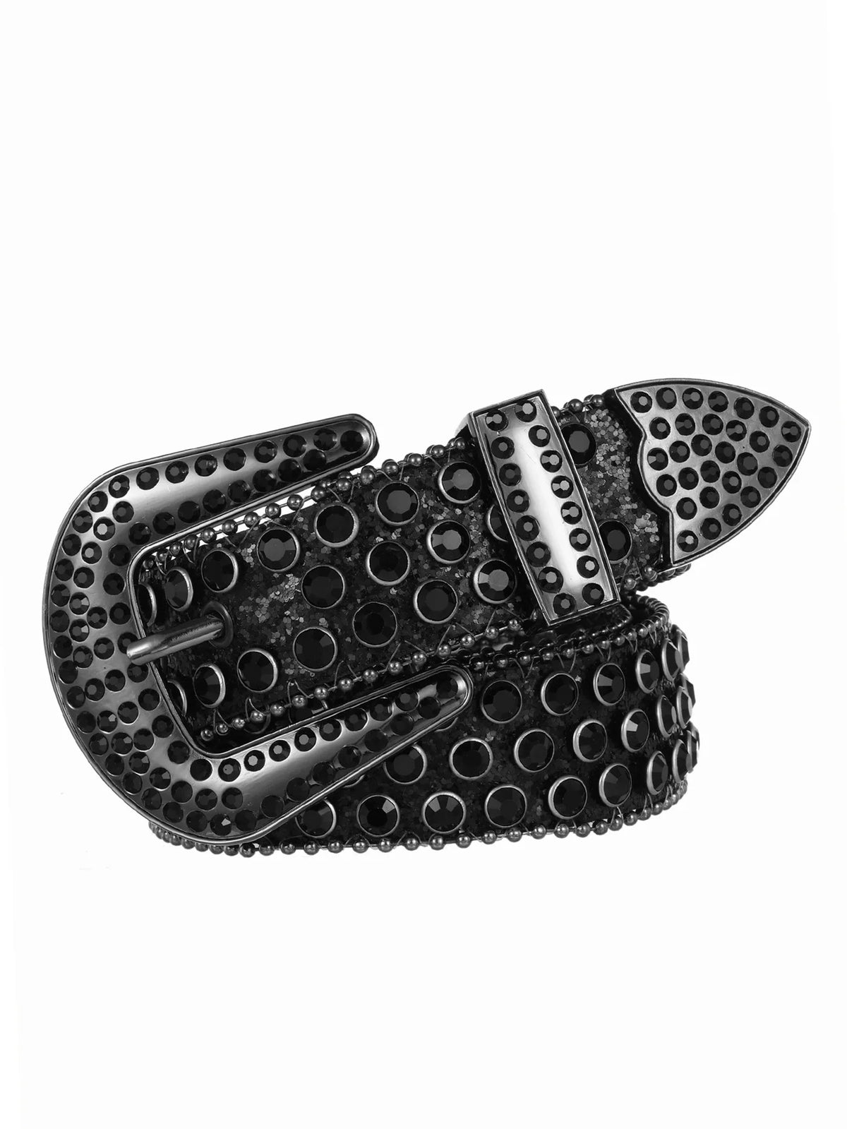 A close-up of a decorative Western buckle belt made of black metal with silver accents.