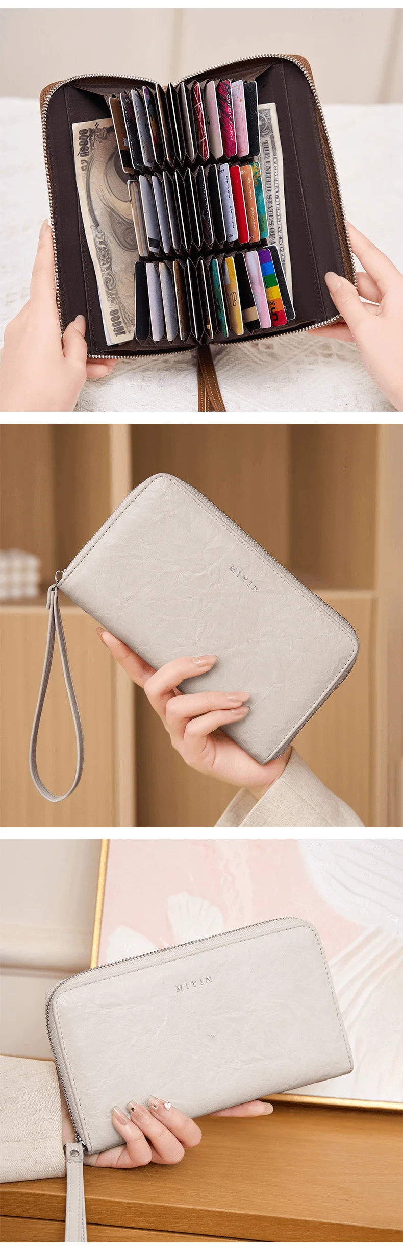 A close-up of a slim beige PU leather wallet with a zipper closure is shown being held by a hand.