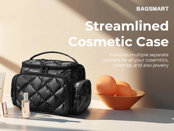 A black quilted cosmetic case with multiple separate pockets is shown next to skincare products and jewelry.