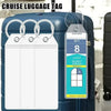 A blank cruise luggage tag is displayed hanging from a steel ring on a blue rolling suitcase.