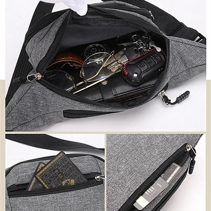 A gray canvas waist fanny bag is shown open, displaying various accessories inside.