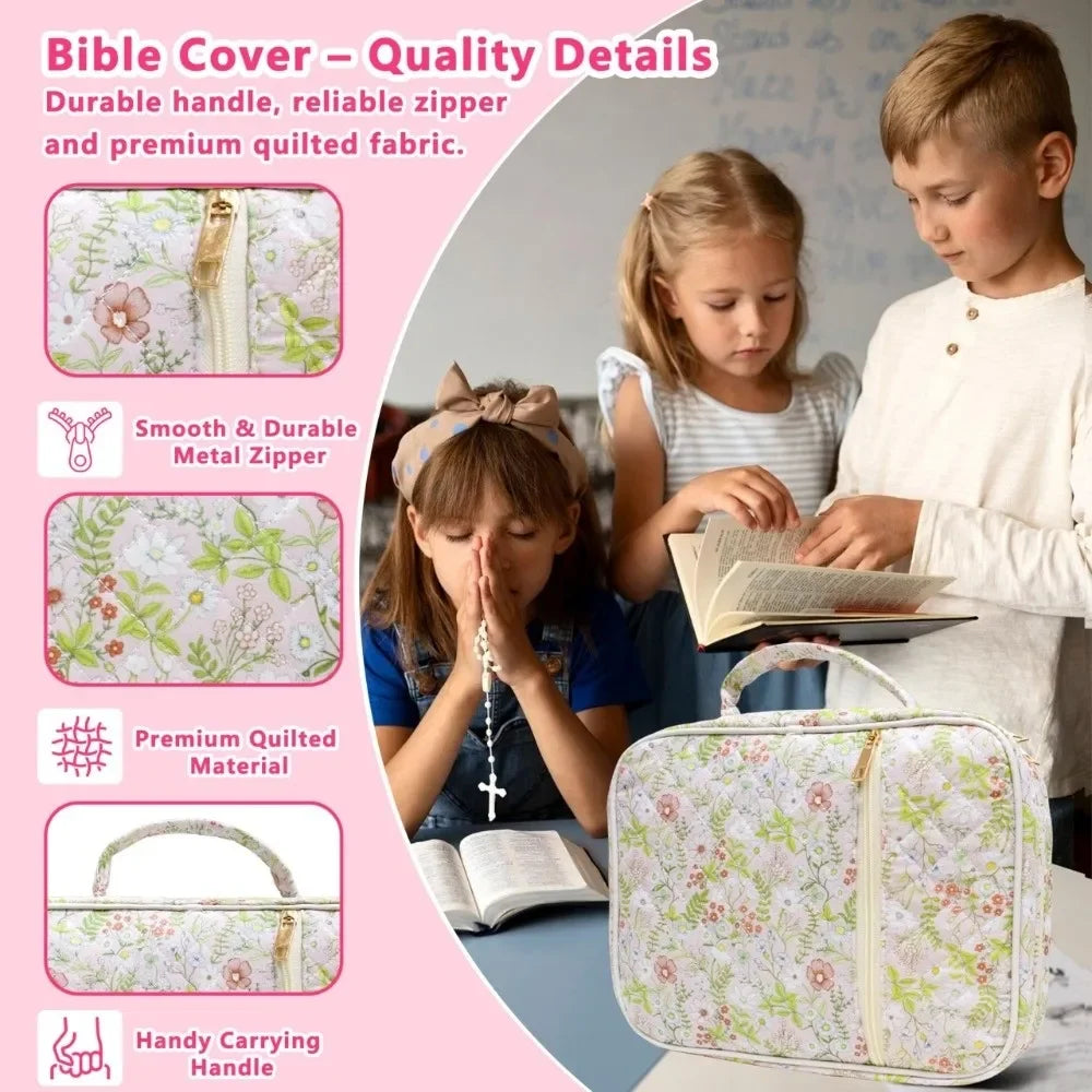 A girl and boy look at a floral quilted Bible cover with a zipper and carrying handle.