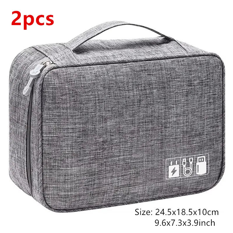 Gray portable digital organizer storage pouch with zipper and power button icons