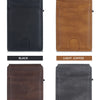 A set of four men's PU leather RFID blocking card holder wallets in black, light coffee, dark coffee, and dark gray.