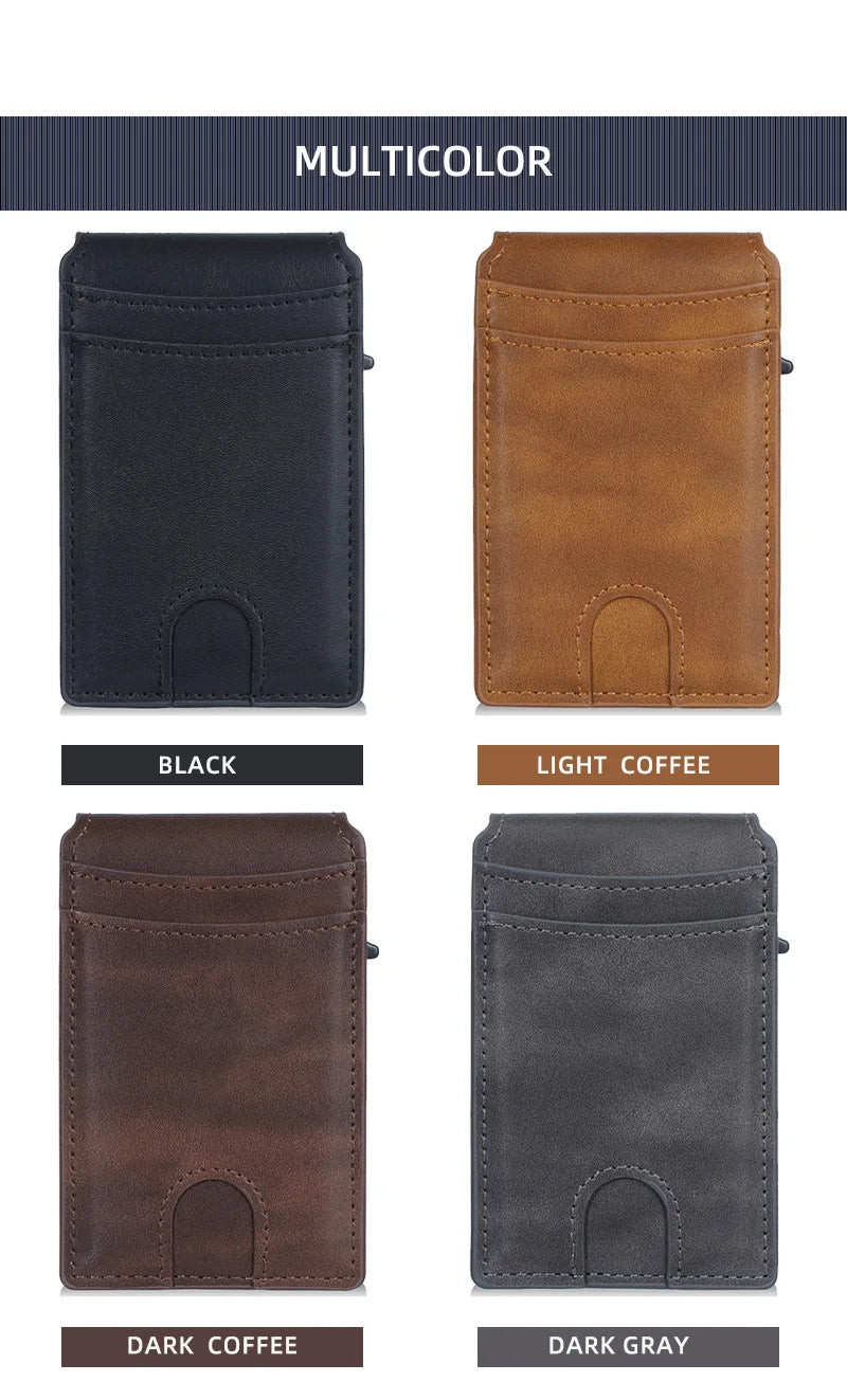 A set of four men's PU leather RFID blocking card holder wallets in black, light coffee, dark coffee, and dark gray.