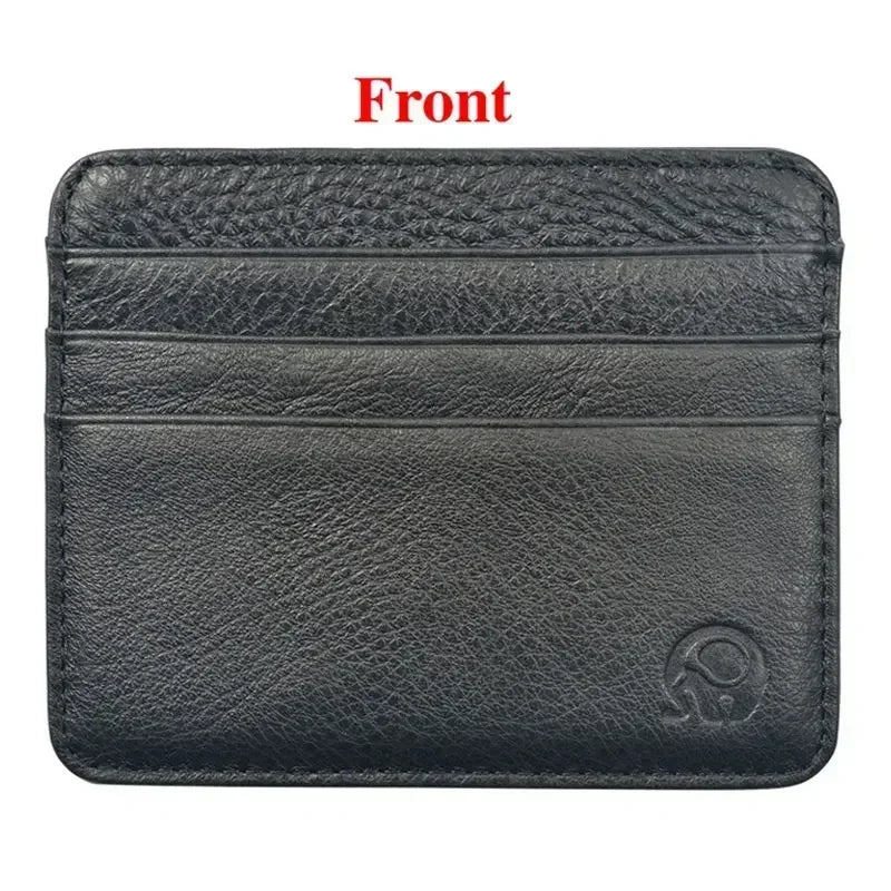 Front view of a dark gray genuine leather slim card holder wallet.