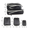 A set of black and gray reusable compression packing cubes shown in various sizes.