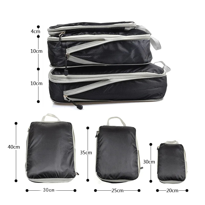 A set of black and gray reusable compression packing cubes shown in various sizes.