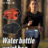 A woman wearing a black top and dark pants is running while carrying a blue waterproof waist bag on her side.