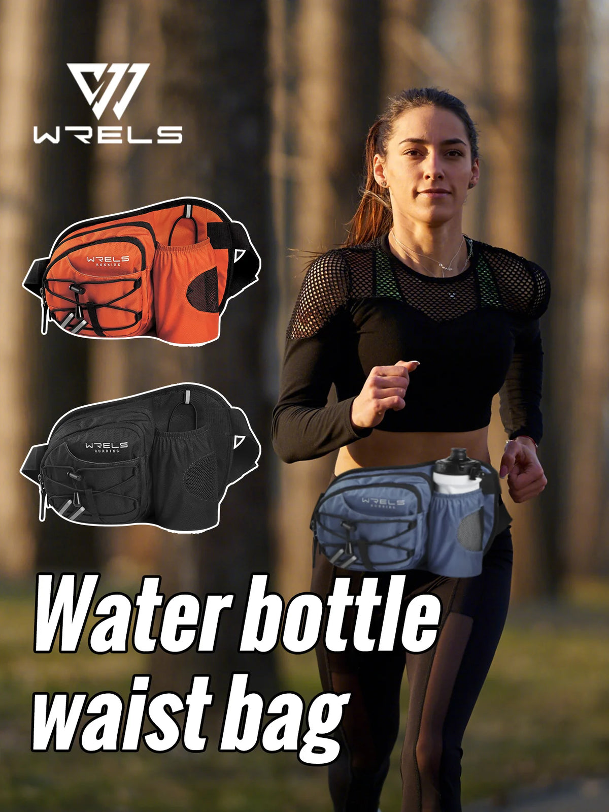 A woman wearing a black top and dark pants is running while carrying a blue waterproof waist bag on her side.
