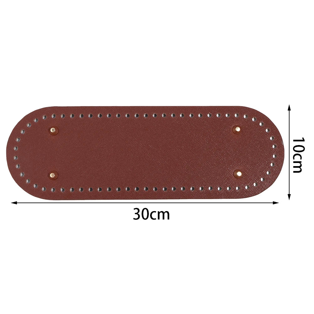 A reddish-brown oval PU leather bag base with pre-punched holes for crochet and knitting, measuring 30cm long and 10cm high.