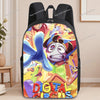 A black backpack featuring an anime print of a character with blue hair and large eyes against a vibrant background.