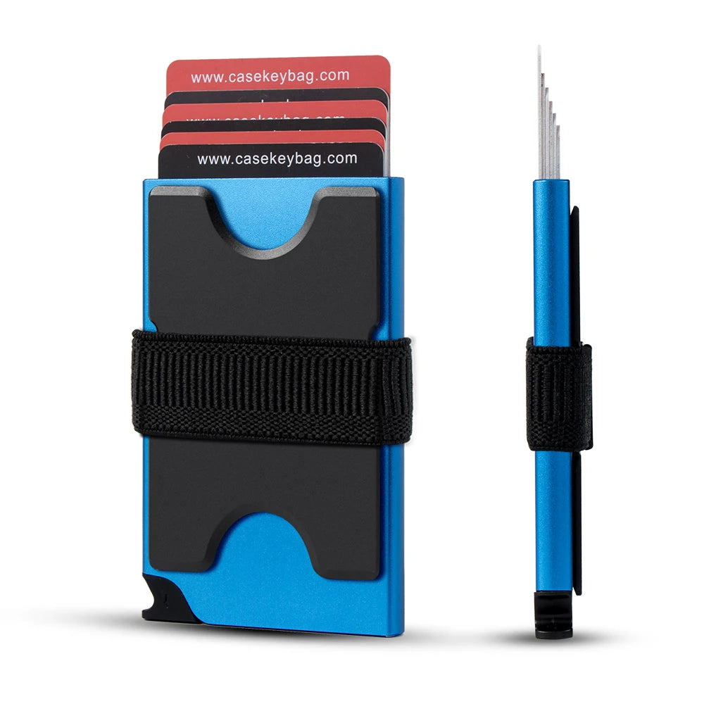 A blue and black RFID blocking metal pop-up card wallet with a protective sleeve and a metal card.
