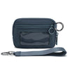 A dark blue checkered wallet with an ID window and a leather strap is shown.