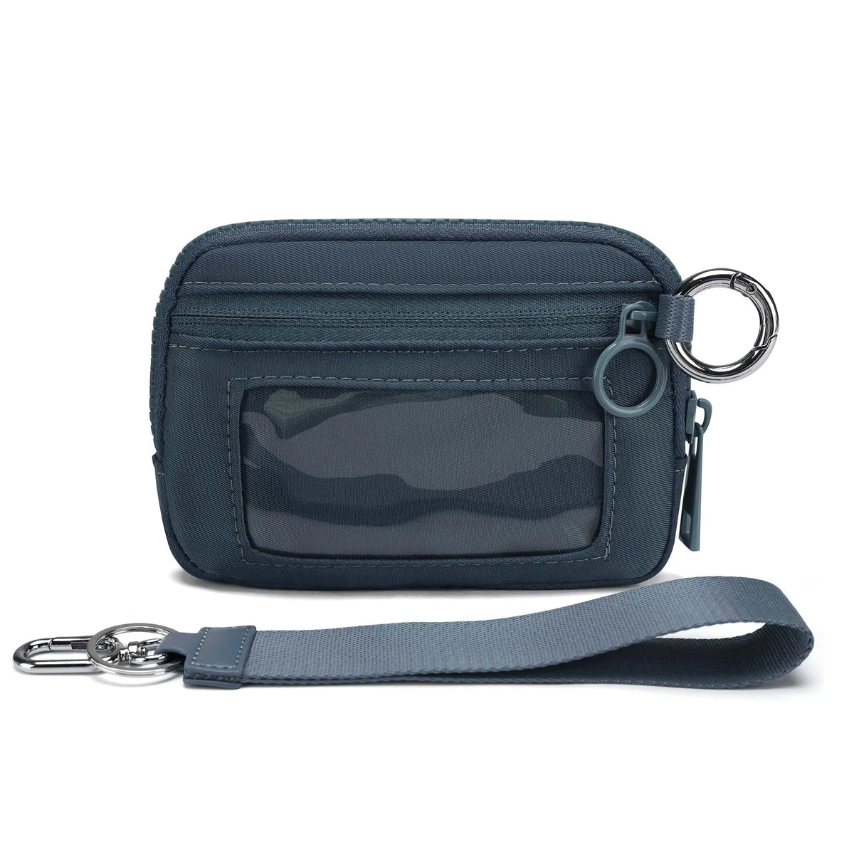 A dark blue checkered wallet with an ID window and a leather strap is shown.