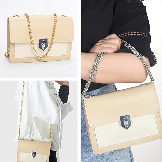 A beige leather shoulder bag with a stainless steel diamond-cut curb chain strap shown in various angles.