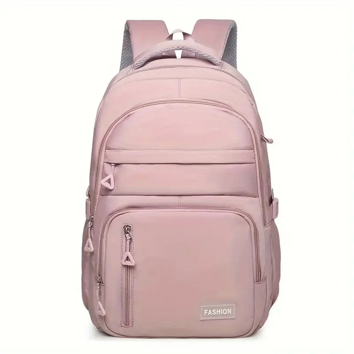 A pink versatile travel backpack with gray accents shown from the back.