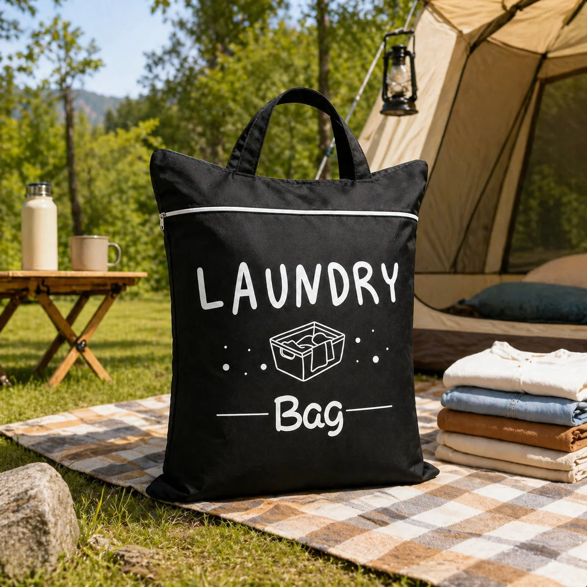 Black canvas laundry bag with a handle resting on a checkered mat outdoors near a tent.