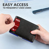 A black slim leather card wallet holding a red Visa credit card and a blue pen, demonstrating easy access to frequently used 