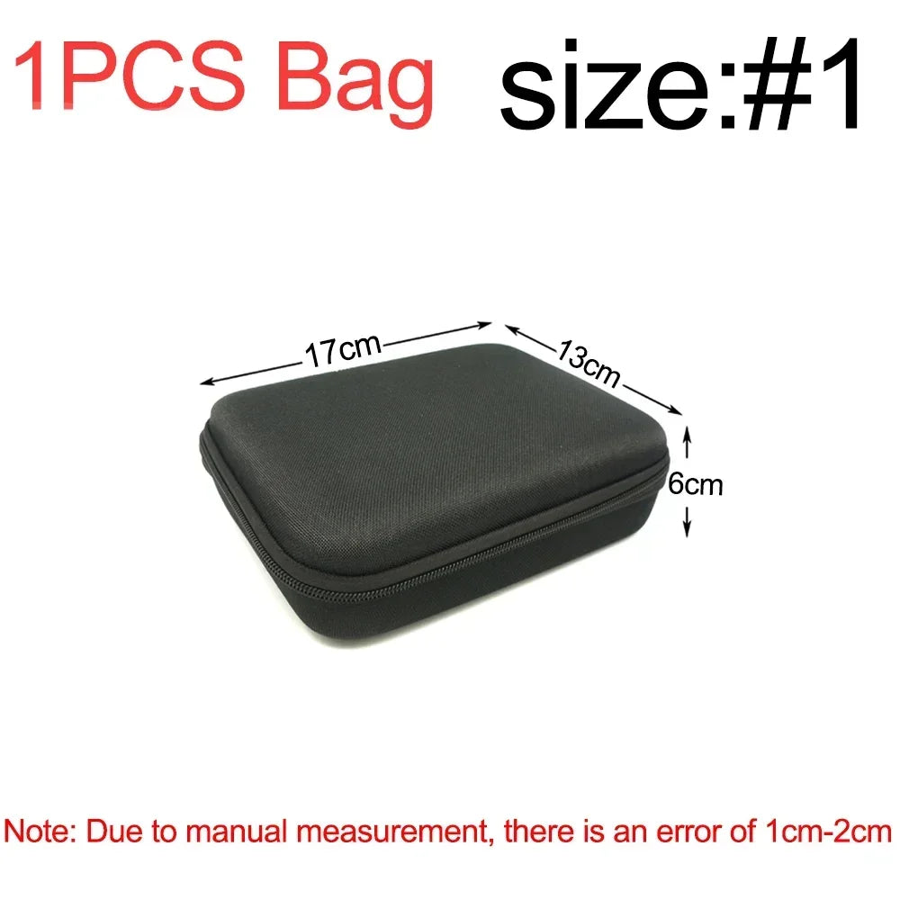 A black, rectangular storage bag with dimensions 17cm by 13cm and a depth of 6cm.